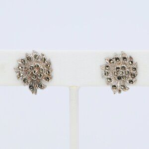 Vintage Sterling Bead Set Marcasite Flower Screw Back Figural Earrings 1940s
